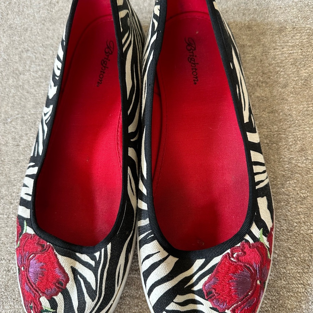 Brighton Women's Zebra Print Flats with Red Floral Accents